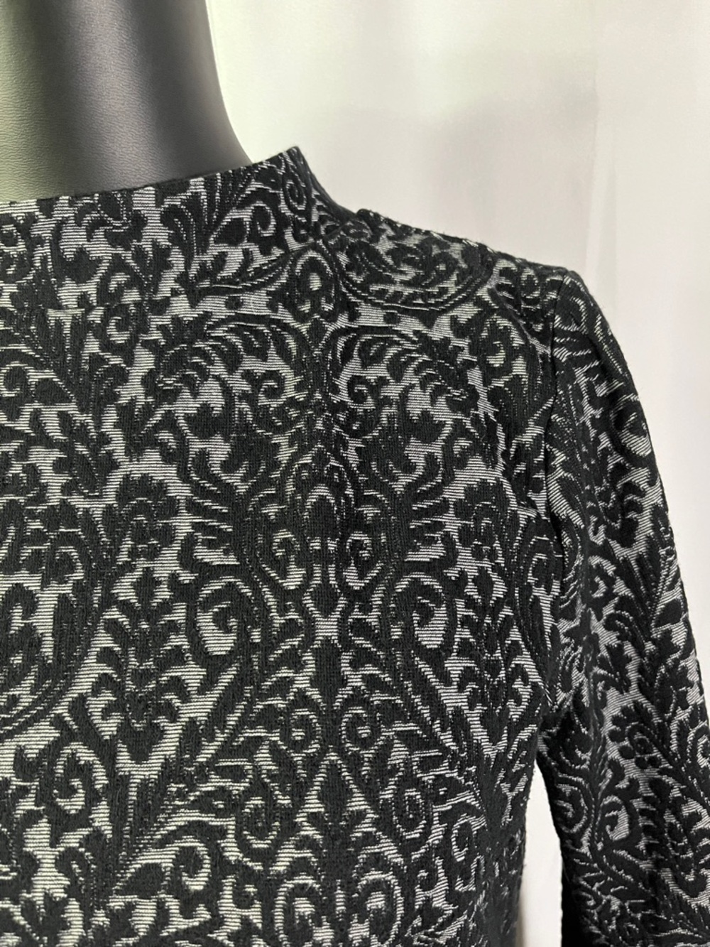 LOFT Black & Gray Jacquard Floral 3/4 Sleeve A-Line Dress - Picture 7 of 16